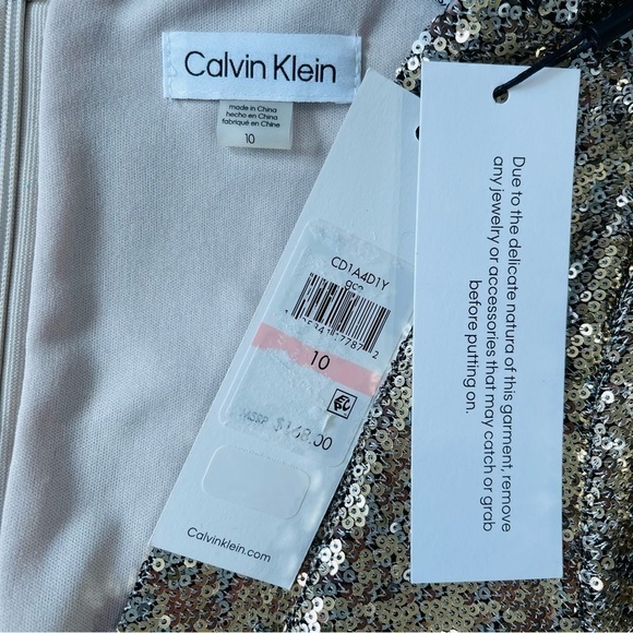 Calvin Klein Gold  Silver V-Neck Sequin Mesh Dress 3/4 Sleeve Sheath Cocktail - Picture 10 of 11